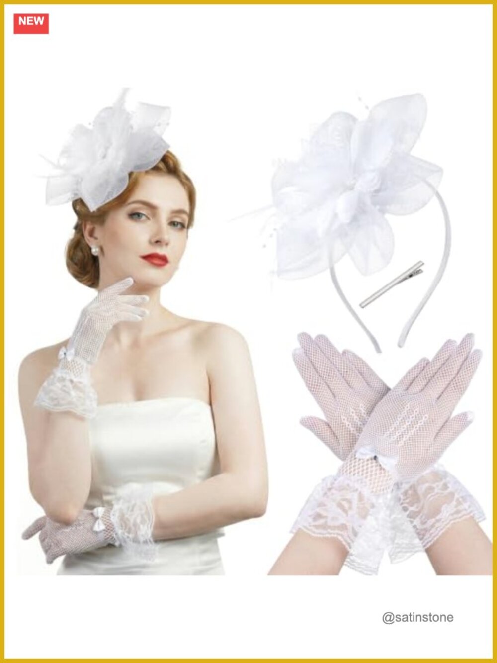 Fascinator Hat with Lace Gloves Set Mesh Headband Tea Party Wedding